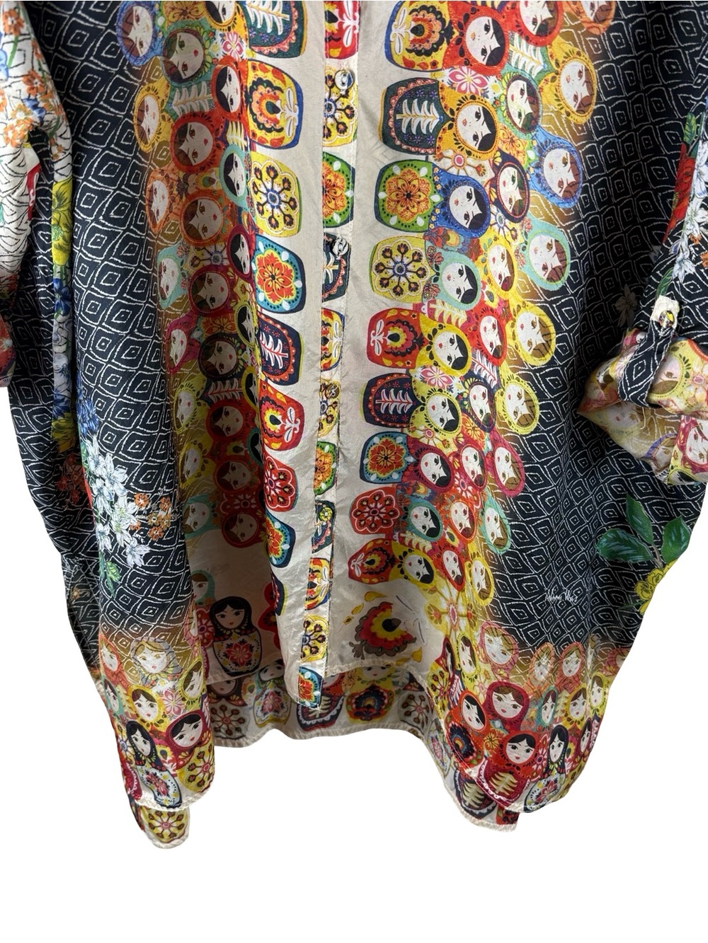 Johnny Was Babette Nesting Dolls 100% Silk Blouse Top Tunic L OVERSIZED - Picture 6 of 8